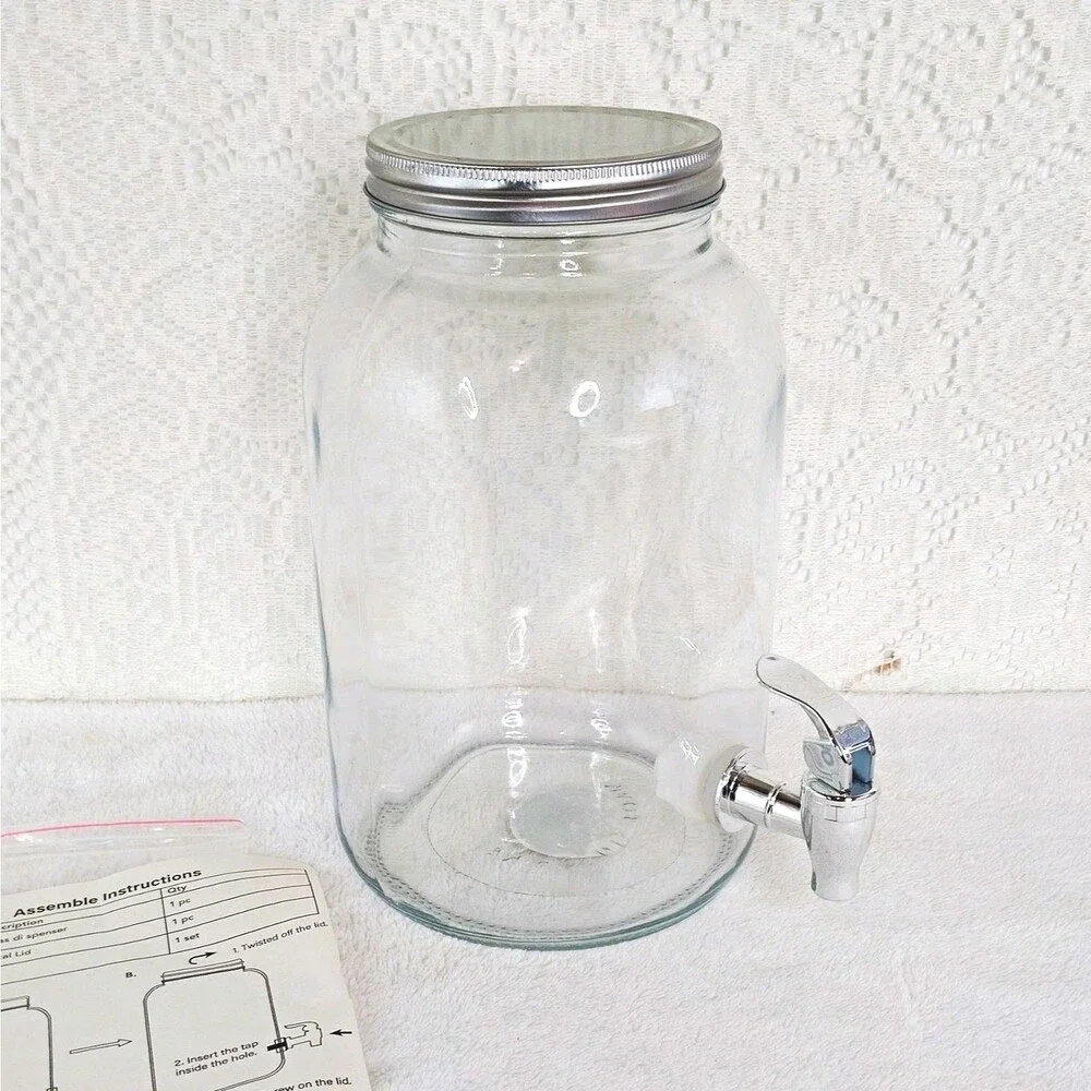 Glass Beverage Dispenser Jar Clear Round  Metal Lid Spigot 1 Gallon